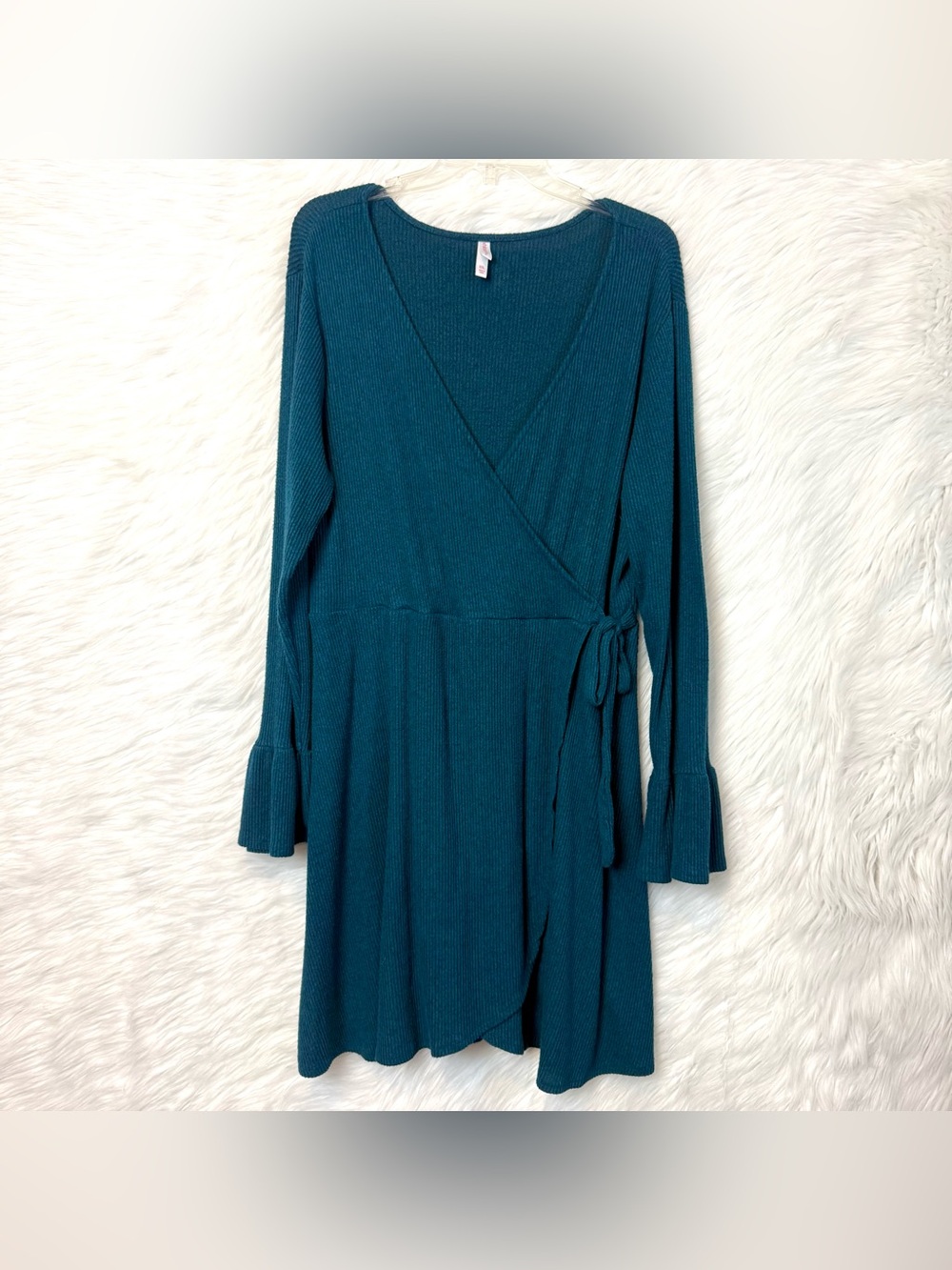 Xhilaration Target Teal Ribbed Faux Wrap Dress Short Flute Sleeves V Neck Soft